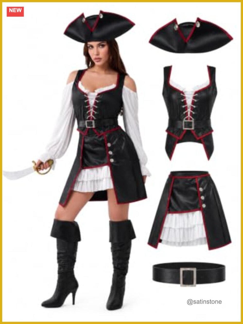 Renaissance Pirate Wench Costume Dress 4-Piece Set Cosplay